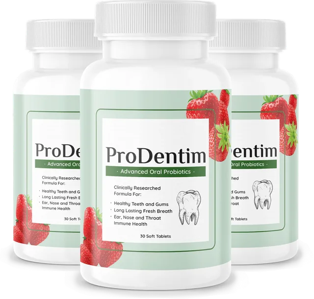 Three bottles of ProDentim oral probiotic tablets side by side