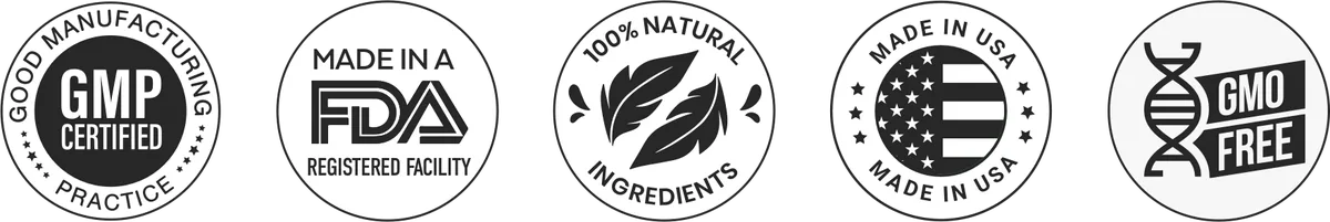 ProDentim quality seals: GMP certified, made in a FDA registered facility, 100% natural, Made in USA, GMO free